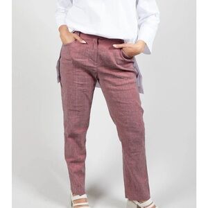 Lillith Straight Leg Flat Button Front Linen Blend Stretch Red Trousers M